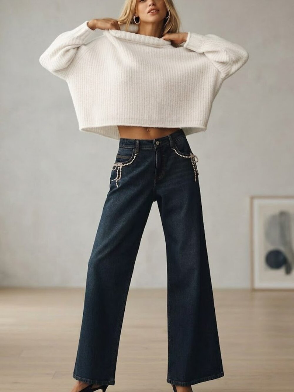 Pilcro Anthropologie Pearl-Embellished Low-Rise Wide-Leg Jeans
